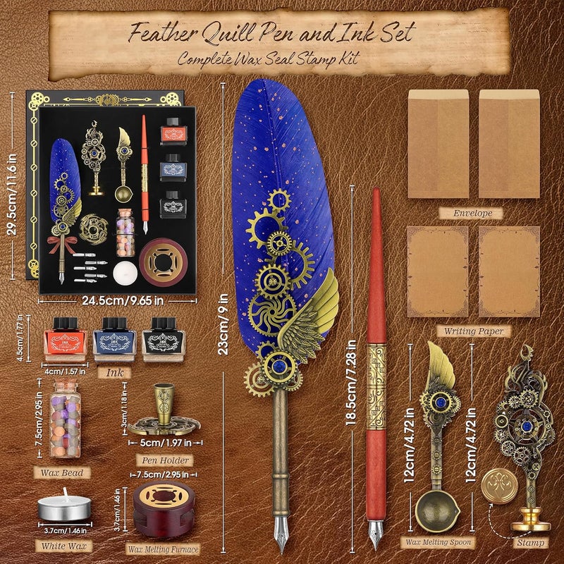 GrnVibe Quill Pen and Ink Set,Calligraphy Set with Wooden Dip Pen,Ink,Nibs,Wax Seal Stamp,Melting Furnace,White Wax,Spoon,Letter Writing Kit Stationary Set Gift Set - Image 2